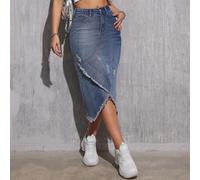 Midi Denimrock für Damen mit elegantem Fransen und stilvollem gewaschenem Finish