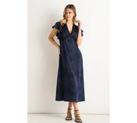 Midi-Kleid aus marineblauem Satin mit Jacquard-Muster und Spitzenbesatz EU 36 / UK 8