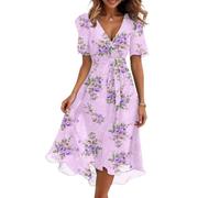 Midi Kleid Damen Sommer Blumen A Linie Sommerkleid Lang Elegant Musselin Wickelkleid V Ausschnitt Italienische Kleider Kurzarm Sommerkleider Leicht Und Luftig Blumenkleid Ibiza Strandkleid