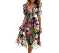 Midi Kleid Damen Sommer Blumen A Linie Sommerkleid Lang Elegant Musselin Wickelkleid V Ausschnitt Italienische Kleider Kurzarm Sommerkleider Leicht Und Luftig Blumenkleid Ibiza Strandkleid