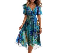 Midi Kleid Damen Sommer Blumen A Linie Sommerkleid Lang Elegant Musselin Wickelkleid V Ausschnitt Italienische Kleider Kurzarm Sommerkleider Leicht Und Luftig Blumenkleid Ibiza Strandkleid