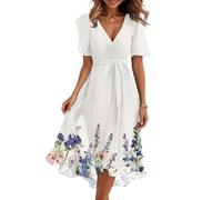 Midi Kleid Damen Sommer Blumen Sommerkleid Damen Leicht Elegant Kleider Frauen A Linie Mit Ärmel Blumenkleid Tailliertes Mit Gürtel Damenkleider V Ausschnitt Sommerkleider Leicht Und Luftig