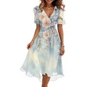 Midi Kleid Damen Sommer Blumen Sommerkleid Damen Leicht Elegant Kleider Frauen A Linie Mit Ärmel Blumenkleid Tailliertes Mit Gürtel Damenkleider V Ausschnitt Sommerkleider Leicht Und Luftig