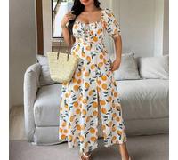 Midi-Kleid in A-Linie für Damen in Große Größen mit Ziehband, Puffärmeln, quadratischem Ausschnitt und Zitronenmuster aus strukturiertem Stoff mit Sch