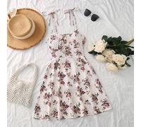 Midi-Kleid mit Blumenprint, Schulter-Bindeträgern, Damen Boho Rückenfreies, Geknotetes, Gerafftes Büstenbereich, Ärmelloses Spaghetti-Träger Normale P