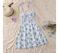 Midi-Kleid mit Blumenprint, Schulter-Bindeträgern, Damen Boho Rückenfreies, Geknotetes, Gerafftes Büstenbereich, Ärmelloses Spaghetti-Träger Normale P