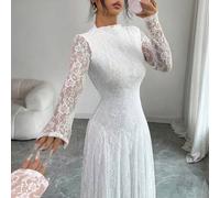 Midi-Kleid mit hohem Kragen, langen Ärmeln und floraler Spitze, figurbetonierte Taille, plissiertes Swing-Maxikleid für Damen
