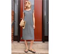 Midikleid STREET ONE STUDIO, Damen, Gr. 46, EURO-Größen, schwarz-weiß (maritime blau), Web, 95% Baumwolle, 5% Elasthan, gestreift, comfort fit wadenlang, Rundhals, Rüschen, Kleider Midikleid, mit Stre