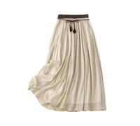 Midi-Röcke für Damen, elastische Taille, Leinenröcke, Sommerröcke, ausgestellte Faltenröcke, lässige Röcke, lange Röcke, A-Linien-Röcke, Swing-Röcke, Boho-Röcke, Strandröcke, 01#khaki, L