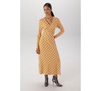 Midikleid ANISTON SELECTED, Damen, Gr. 38, N-Gr, Langarm, Single Jersey, gelb (cognac, offwihe), Single Jersey, Obermaterial: 95% Viskose, 5% Elasthan, bedruckt, geblümt, gemustert, figurbetont knöche