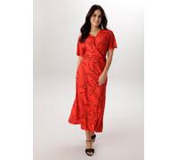 Midikleid ANISTON SELECTED, Damen, Gr. 42, N-Gr, rot, schwarz, Jersey, Obermaterial: 95% Polyester, 5% Elasthan, bedruckt, geblümt, gemustert, figurumspielend wadenlang, V-Ausschnitt, Kleider Midiklei