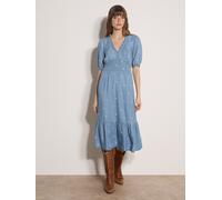 Midikleid APRICOT "Denim Blumen-Stickerei Kleid", Damen, Gr. XL (42), N-Gr, blau, gewebt, Obermaterial: 100% Lyocell CLY., uni, Modisch, V-Ausschnitt, Elastisch, Kleider Midikleid, mit Puffärmeln (175