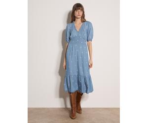 Midikleid APRICOT "Denim Blumen-Stickerei Kleid", Damen, Gr. XL (42), N-Gr, blau, gewebt, Obermaterial: 100% Lyocell CLY., uni, Modisch, V-Ausschnitt, Elastisch, Kleider Midikleid, mit Puffärmeln (175