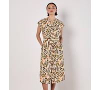 Midikleid APRICOT "Midi-Hemdkleid mit Blätterdruck", Damen, Gr. XS (34), N-Gr, weiß (stein), Obermaterial: 73% Viskose CV. 27% Leinen LI., gemustert, Kleider Midikleid, mit Gürtel (34076800-34) stein