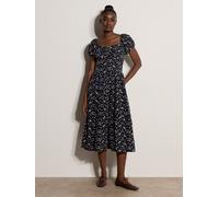 Midikleid APRICOT "Midi-Kleid mit Blumenstickerei", Damen, Gr. S (36), N-Gr, blau (navy), gewebt, Obermaterial: 100% Baumwolle CO., geblümt, normal, herzförmiger Ausschnitt, Puffärmel Elastisch, Kleid