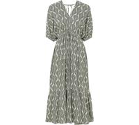 Midikleid BONPRIX "Midikleid aus fließender Viskose", Damen, Gr. 46, N-Gr, grün (dunkelgrün, sandbeige graphisch), Obermaterial: 100% Viskose, ausgestellt, Kleider Midikleid, aus Viskose, ausgestellte