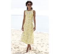 Midikleid BEACHTIME "Jerseykleid mit ausgestelltem Rockteil mit Blumendruck", Damen, Gr. 40, N-Gr, gelb, creme bedruckt, Jersey, Obermaterial: 60% Viskose, 35% Polyester, 5% Elasthan, bedruckt, geblüm