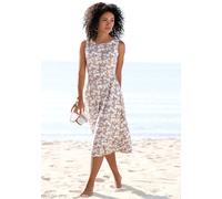 Midikleid BEACHTIME "mit ausgestelltem Rockteil mit Blumendruck, Jerseykleid", Damen, Gr. 46, N-Gr, beige, creme bedruckt, Jersey, Obermaterial: 60% Viskose, 35% Polyester, 5% Elasthan, bedruckt, gebl