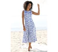 Midikleid BEACHTIME "mit ausgestelltem Rockteil mit Blumendruck, Jerseykleid", Damen, Gr. 46, N-Gr, blau, creme bedruckt, Jersey, Obermaterial: 60% Viskose, 35% Polyester, 5% Elasthan, bedruckt, geblü