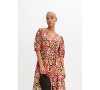 Midikleid BONPRIX, Damen, Gr. 38, N-Gr, mistelgrün, hibiskuspink geblümt, Obermaterial: 85% Viskose, 15% Polyamid, A-Linie, Kleider Midikleid, für Casualmode, aus Viskose und Polyamid, A-Linie, mit ku