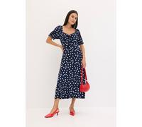 Midikleid BONPRIX, Damen, Gr. 40/42 (M), N-Gr, blau (dunkelblau, weiß gepunktet), Obermaterial: 95% Viskose, 5% Elasthan, ausgestellt, Kleider Midikleid, mit Smock am Rücken, ausgestellte Passform, Ku
