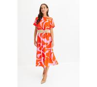 Midikleid BONPRIX, Damen, Gr. 44, N-Gr, orangerot, pink graphisch bedruckt (länge: regulär), Obermaterial: 95% Polyester, 5% Elasthan, ausgestellt, Kleider Midikleid, mit modischem graphischem Print,