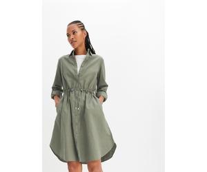 Midikleid BONPRIX "Hemdblusenkleid aus Leinen-Baumwoll-Mix", Damen, Gr. 50, N-Gr, grün (oliv), Obermaterial: 55% Leinen, 45% Baumwolle, A-Linie, Kleider Midikleid, für lässigen Look, aus Leinen-Baumwo