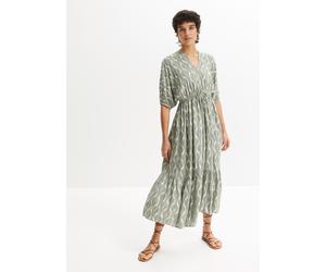 Midikleid BONPRIX "Midikleid aus fließender Viskose", Damen, Gr. 46, N-Gr, grün (dunkelgrün, sandbeige graphisch), Obermaterial: 100% Viskose, ausgestellt, Kleider Midikleid, aus Viskose, ausgestellte