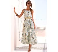 Midikleid BUFFALO "mit blumendruck aus gewebter Viskose", Damen, Gr. 34, N-Gr, blau (creme, blau bedruckt), Web, Obermaterial: 100% Viskose, bedruckt, geblümt, figurumspielend knöchelfrei, Rundhals, K