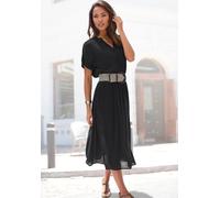 Midikleid BUFFALO "mit Smokbund in der Taille aus gekreppter Webware", Damen, Gr. 36, N-Gr, schwarz, Crêpe, Obermaterial: 100% Viskose, unifarben, figurumspielend ca. Mitte Wade, Rundhals, mit Aufschl