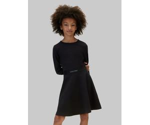 Midikleid CALVIN KLEIN JEANS "LOGO TAPE PUNTO LS DRESS", Mädchen, Gr. 10 (140), N-Gr, pvh schwarz, Web, Obermaterial: 100% Baumwolle, unifarben, regular fit kniefrei, Rundhals, eingesetzt gerader Absc