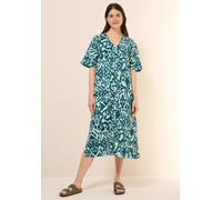 Midikleid CECIL, Damen, Gr. S (38), US-Größen, grün (grün lagoon), Stoff, 55% Leinen, 45% Viskose, gemustert, comfort fit wadenlang, V-Ausschnitt, Bündchen, Kleider Midikleid, mit allover Print (94267