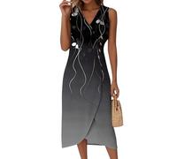 Midikleid Damen,Damen es Midikleid Sommerkleid Lang V-Ausschnitt Ärmellos Elegant Blumen Druck Strandkleid Partykleid Ärmelloses Casual Midi Kleid Wickelkleid Knopf Bequem A-Linie(2-Schwarz,XL)