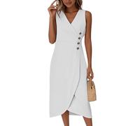 Midikleid Damen Elegant Ärmellos V Ausschnitt Sommerkleid Damen Lang A Linie Sommerkleider Leicht Und Luftig Midi Wickelkleid Sommer mit Knopfleiste Kleider Frauen Sommer Wickel Einfarbig