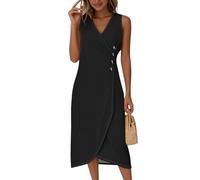 Midikleid Damen Elegant Ärmellos V Ausschnitt Sommerkleid Damen Lang A Linie Sommerkleider Leicht Und Luftig Midi Wickelkleid Sommer mit Knopfleiste Kleider Frauen Sommer Wickel Einfarbig