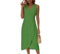 Midikleid Damen Elegant Ärmellos V Ausschnitt Sommerkleid Damen Lang A Linie Sommerkleider Leicht Und Luftig Midi Wickelkleid Sommer mit Knopfleiste Kleider Frauen Sommer Wickel Einfarbig