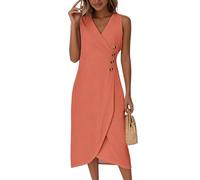 Midikleid Damen Elegant Ärmellos V Ausschnitt Sommerkleid Damen Lang A Linie Sommerkleider Leicht Und Luftig Midi Wickelkleid Sommer mit Knopfleiste Kleider Frauen Sommer Wickel Einfarbig