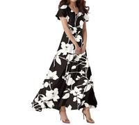 Midikleid Damen Elegant, Kleid Damen, Vintage Blumendruck V Ausschnitt Kurzarm Maxi Kleider Bohemian Lang Kleid Casual A Linie Strandkleid Leicht Und Luftig Swing Maxikleid Hohe Taille Freizeitkleid