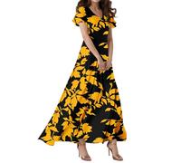 Midikleid Damen Elegant, Kleid Damen, Vintage Blumendruck V Ausschnitt Kurzarm Maxi Kleider Bohemian Lang Kleid Casual A Linie Strandkleid Leicht Und Luftig Swing Maxikleid Hohe Taille Freizeitkleid