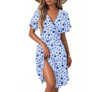 Midikleid Damen Festlich, Kleid Damen Sommer A-Linie Kurzarm Knielang Wrap Kleid Elegant und Bequem Gesmokt Freizeitkleider mit Rüschen Ärmel Mädchen Kleider für Hochzeit & Date C Blue S