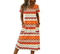 Midikleid Damen, Kleider Damen Elegante Rundhals Midi Sommerkleid Lang Kurzarm Shirtkleid V Ausschnitt Lockere Strandkleid Wickelkleid Lose A-Linie (3-Orange, XL)
