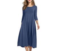 Midikleid Damen Kleider Sommer Tunika Kleid A Linie Elegant Sommerkleid Frauen Midi Schwingen Einfarbig Sommerkleider Damen Leicht Und Luftig Strandkleid Lang Plisseekleid Dreiviertel Ärmel