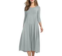 Midikleid Damen Kleider Sommer Tunika Kleid A Linie Elegant Sommerkleid Frauen Midi Schwingen Einfarbig Sommerkleider Damen Leicht Und Luftig Strandkleid Lang Plisseekleid Dreiviertel Ärmel