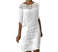 Midikleid Damen Leinenkleid Lose V-Ausschnitt Falten Leinen Maxikleid Schichten Boho Lässiges Lang Freizeitkleid Knielanges Freizeitkleider Einfarbig Shirtkleider Strandkleid Damen Große Größen