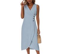 Midikleid Damen Sommer Elegant Wickelkleid V Ausschnitt Ärmellos Sommerkleid Damen Midi A Linie Sommerkleider Leicht Und Luftig Kleider Frauen Wickel Freizeit Strandkleid Mit Knopfleiste
