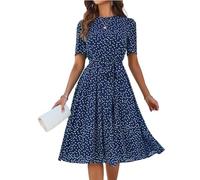 Midikleid Damen Sommer Punkte Chiffonkleid Elegant A Linie Sommerkleid Frauen Midi Kurzarm Italienische Kleider Gepunktet Kleid Chiffon Mit Gürtel Sommerkleider Leicht Und Luftig Partykleid