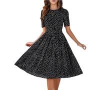 Midikleid Damen Sommer Punkte Chiffonkleid Elegant A Linie Sommerkleid Frauen Midi Kurzarm Italienische Kleider Gepunktet Kleid Chiffon Mit Gürtel Sommerkleider Leicht Und Luftig Partykleid