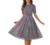 Midikleid Damen Sommer Punkte Chiffonkleid Elegant A Linie Sommerkleid Frauen Midi Kurzarm Italienische Kleider Gepunktet Kleid Chiffon Mit Gürtel Sommerkleider Leicht Und Luftig Partykleid