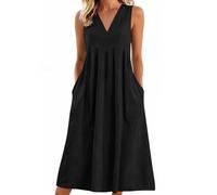 Midikleid Damen,Strandkleid Damen Hochzeitsgast Kleid Kleider Ärmellos V-Ausschnitt Freizeitkleid Locker Sommerkleider Leicht Und Luftig Strandkleider Frühlingskleider Mit Taschen(3-Schwarz,L)