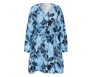 Midikleid KAFFE CURVE "Kleid KCaliana", Damen, Gr. 52, N-Gr, blau (blau flower animal), Obermaterial: 85% Viskose CV. 15% Nylon NY., Kleider Midikleid (93008951-52) blau flower animal